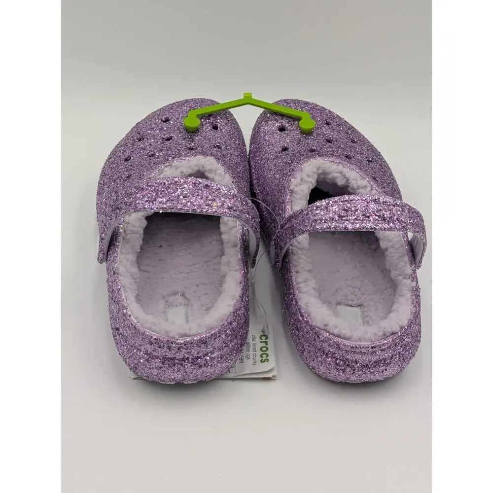 Crocs Kids Girls Size J5 Classic Lined Chunky Glitter Purple Fuzzy Sparkly Clogs